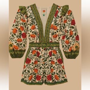 Farm Rio - Floral Sand Garden Tapestry Organic Cotton Romper - Size Small